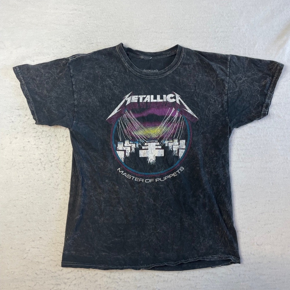 Metallica Graphic T-Shirt Mens Large Black Acid Wash Master of Puppets Band Tee